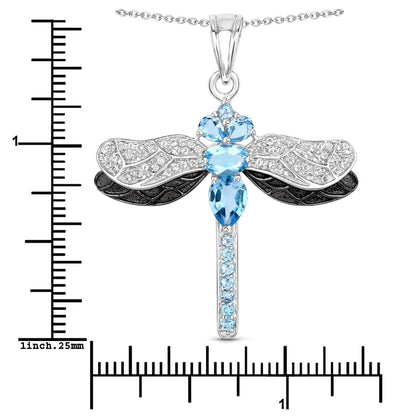 2.30 Ct Swiss Blue Topaz Prong Silver Dragonfly Pendant Cable Chain Necklace