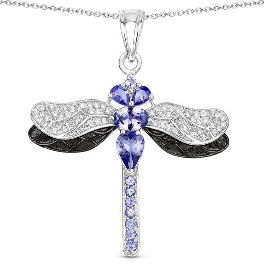 1.99 Ct Violet Tanzanite Prong Silver Dragonfly Pendant Cable Chain Necklace
