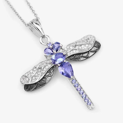 1.99 Ct Violet Tanzanite Prong Silver Dragonfly Pendant Cable Chain Necklace