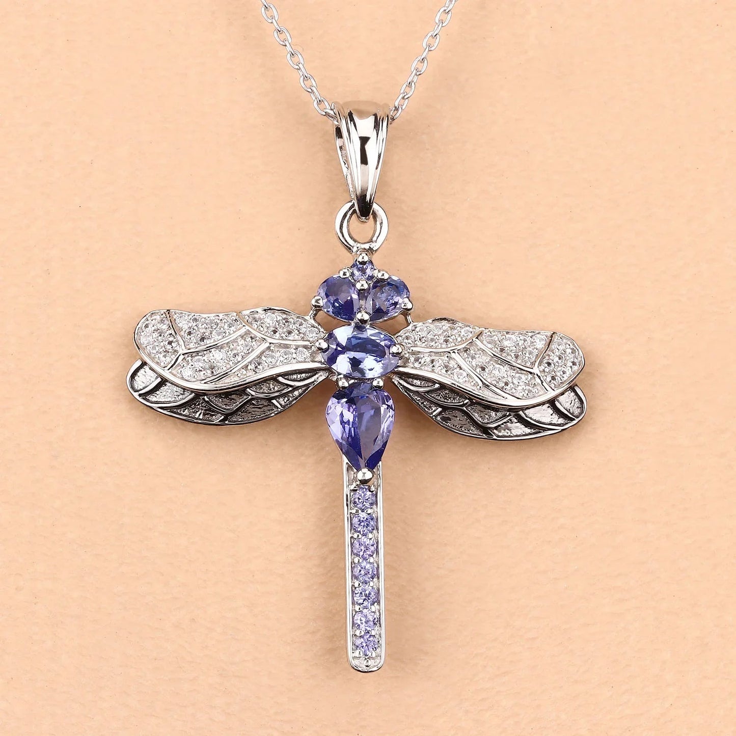 1.99 Ct Violet Tanzanite Prong Silver Dragonfly Pendant Cable Chain Necklace