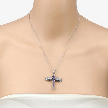 1.99 Ct Violet Tanzanite Prong Silver Dragonfly Pendant Cable Chain Necklace