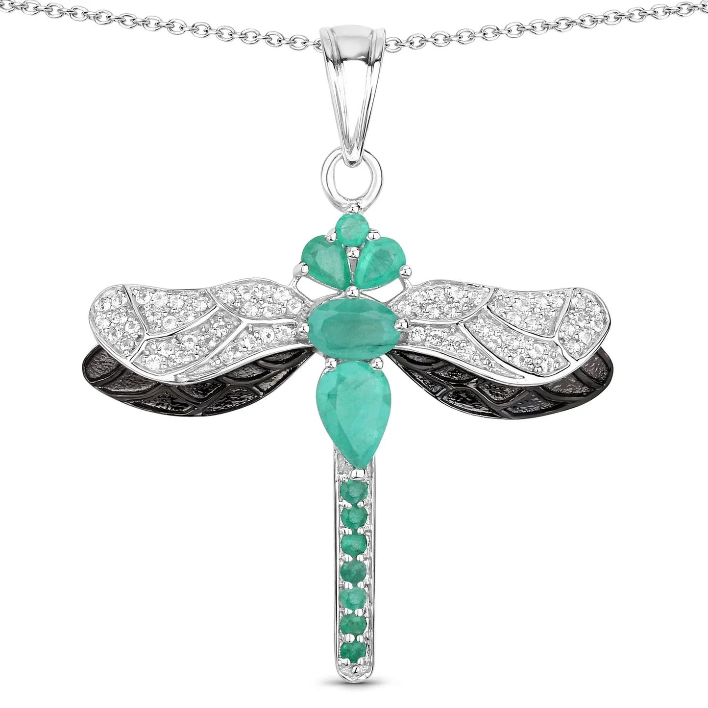 1.87 Ct Green Zambian Emerald Prong Sterling Silver Dragonfly Pendant Cable Chain Necklace