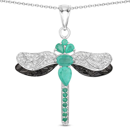 1.87 Ct Green Zambian Emerald Prong Sterling Silver Dragonfly Pendant Cable Chain Necklace