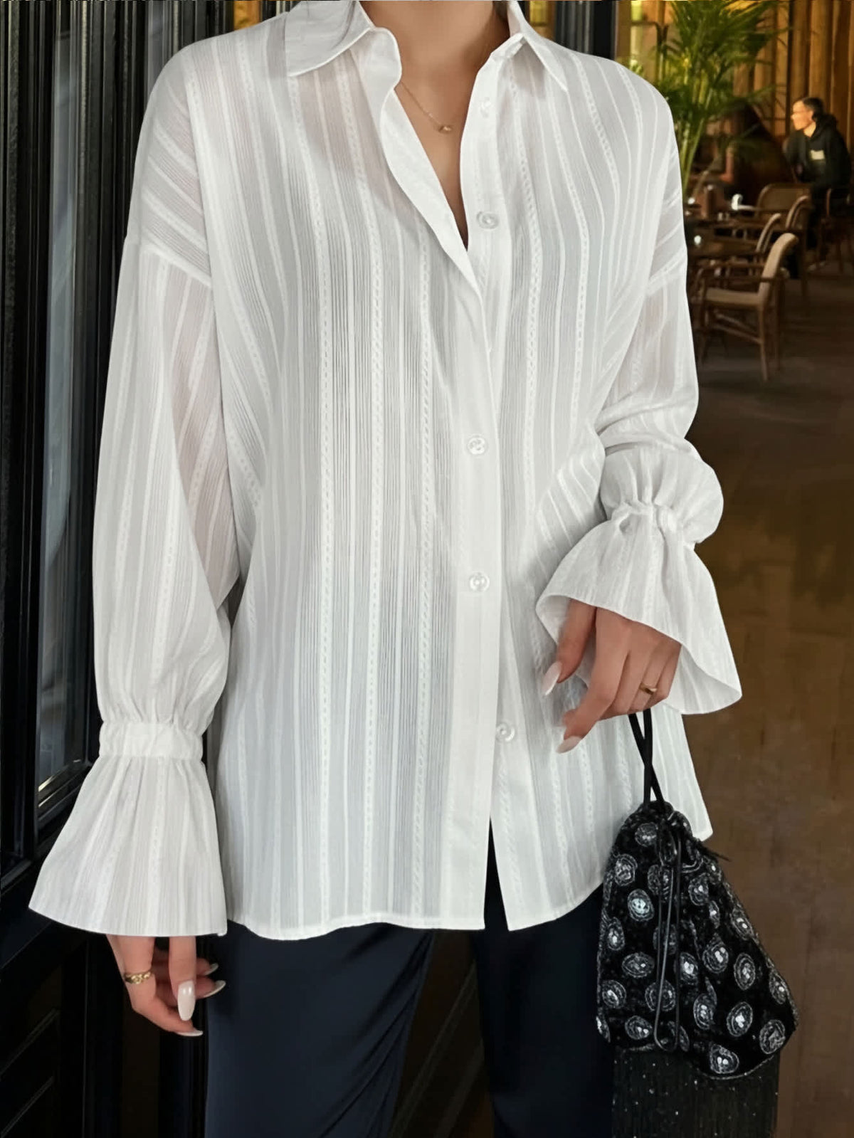 womens dress shirt summer Chic YC Women's Sheer Striped Oversized Spring Casual Button-Down Blouse White / M Malak Royale Satin Touch girl christening Its fitted at the Age:4-5Y