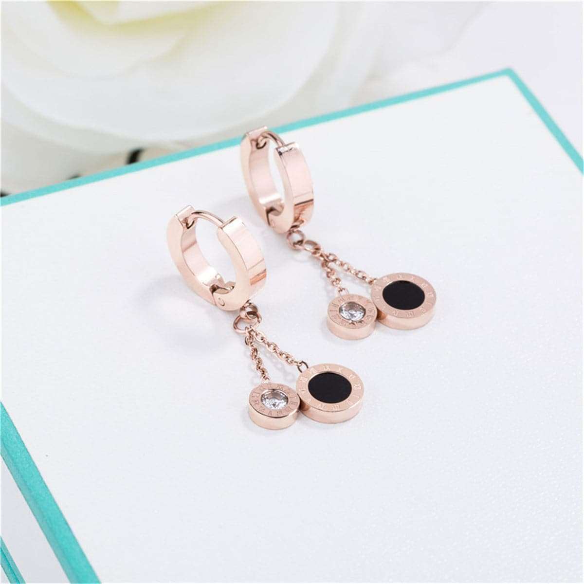 Cubic Zirconia & Rose Goldtone Double Ring Drop Earrings