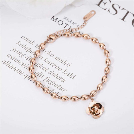Rose Goldtone Camellia Flower Bead Charm Bracelet