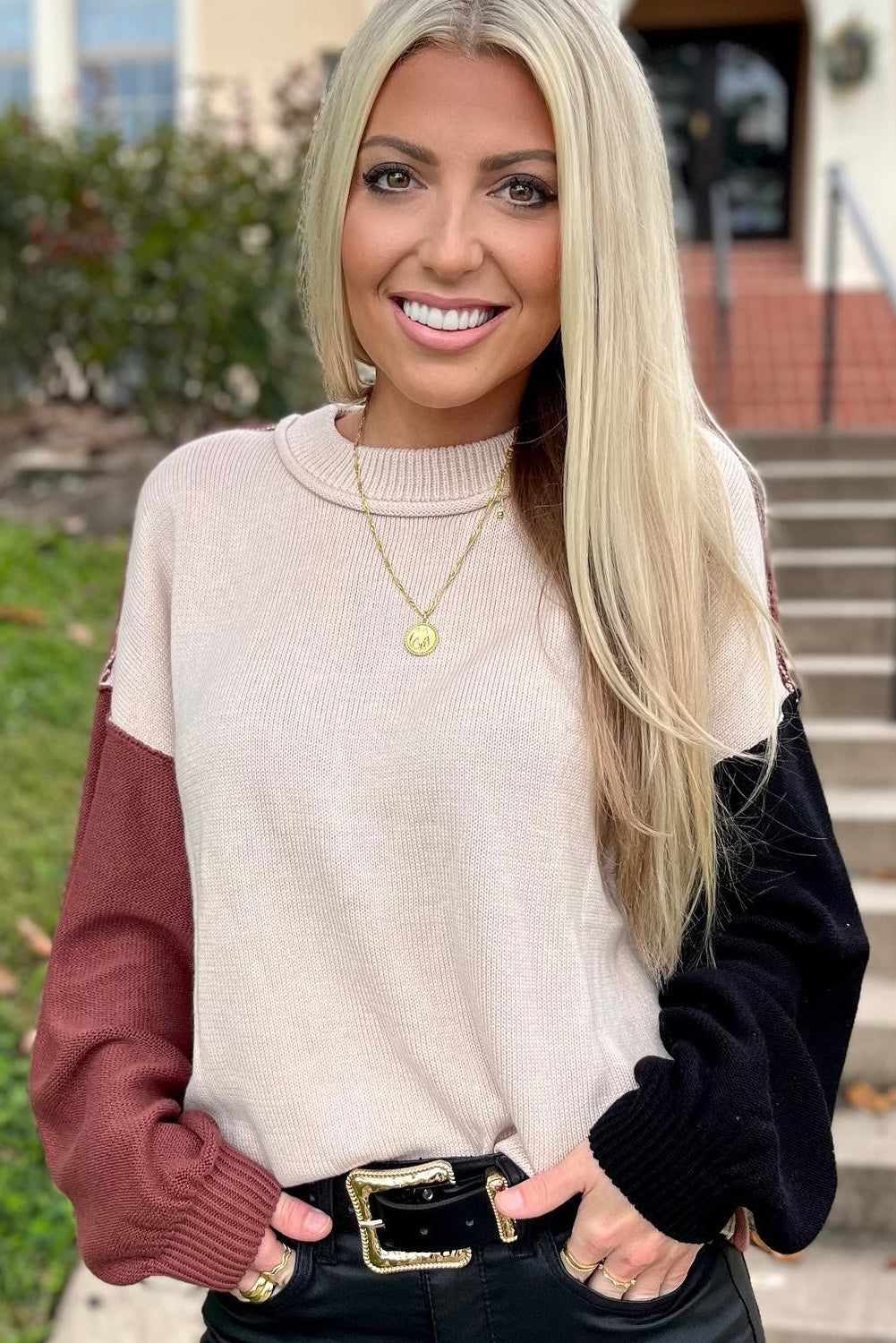 Aspen Bishop Sleeve Ribbed Trim Sweater - Coffee / M - 8/10