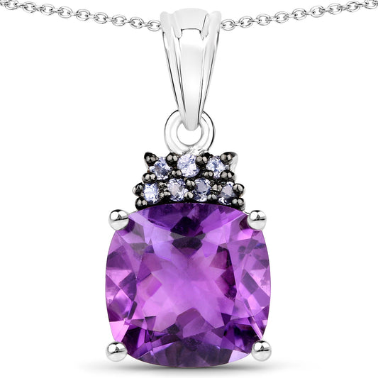 6.10 Ct Cushion Purple Amethyst Prong Silver Pendant Necklace
