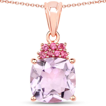 5.55 Ct Cushion Pink Amethyst Prong 18K Rose Gold Plated Silver Pendant Necklace