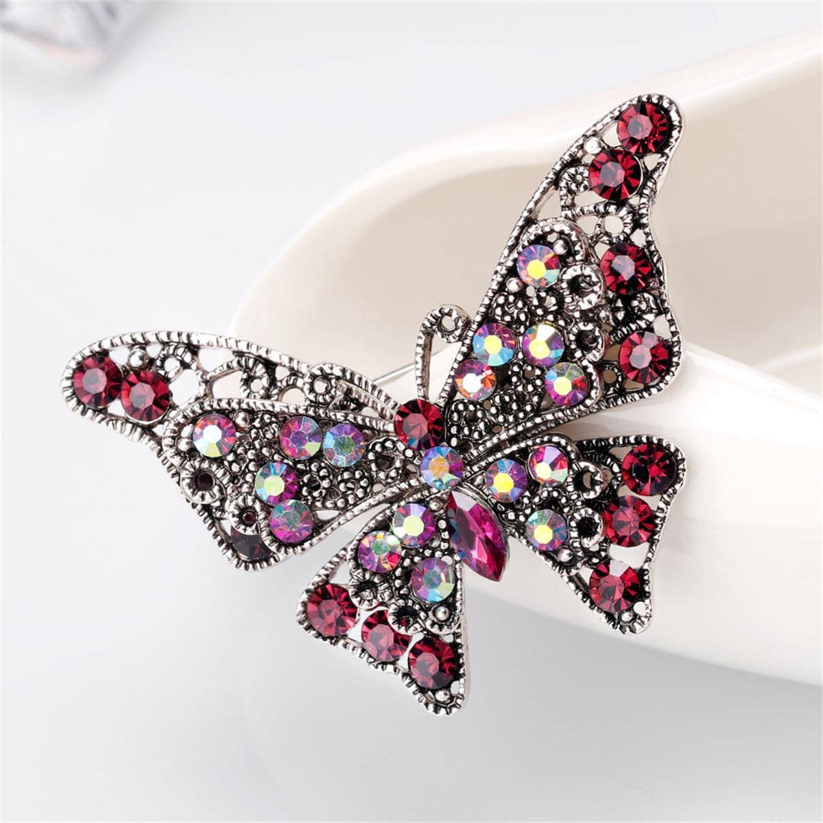 Pink Cubic Zirconia & Silvertone Butterfly Brooch