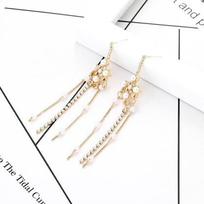 Pearl & Cubic Zirconia Goldtone Beaded Tassel Drop Earrings