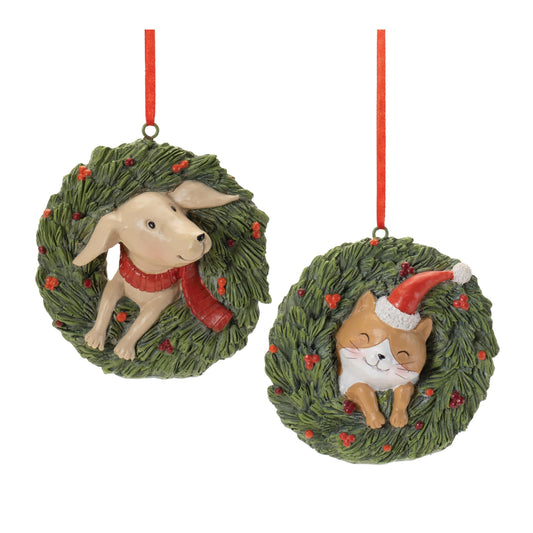 Melrose International Playful Cat and Dog in Pine Wreath Ornament (Set of 4)