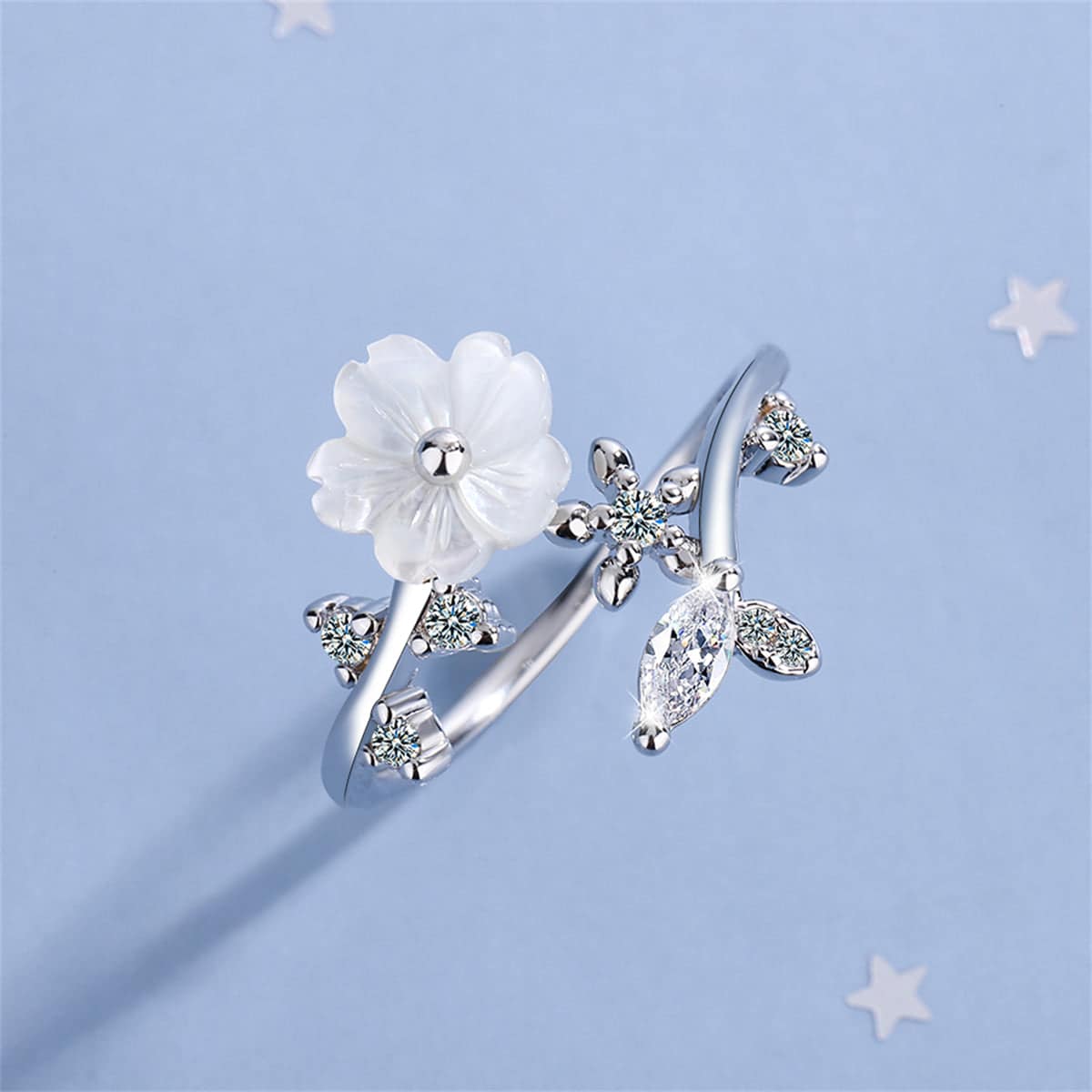 Cubic Zirconia & Shell Silvertone Shell Flower Bypass Ring