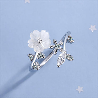 Cubic Zirconia & Shell Silvertone Shell Flower Bypass Ring