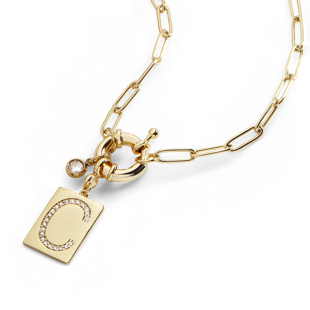 Mint & Lily Pave Initial Pendant Necklace with Paperclip Chain