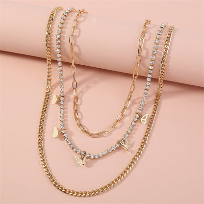 Cubic Zirconia & Goldtone Butterfly Layered Chain Necklace