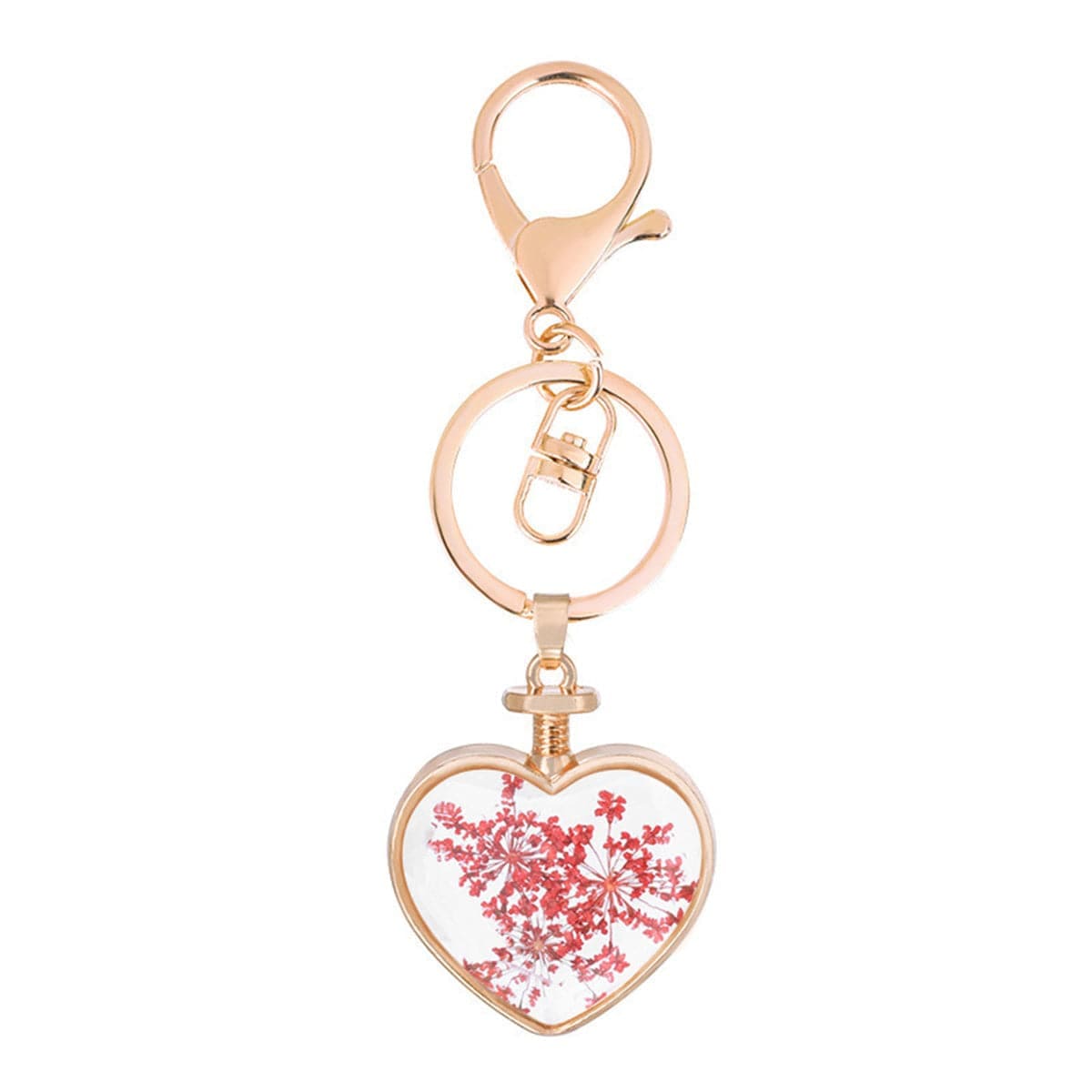 Red Pressed Gypsophila & Goldtone Heart Key Chain