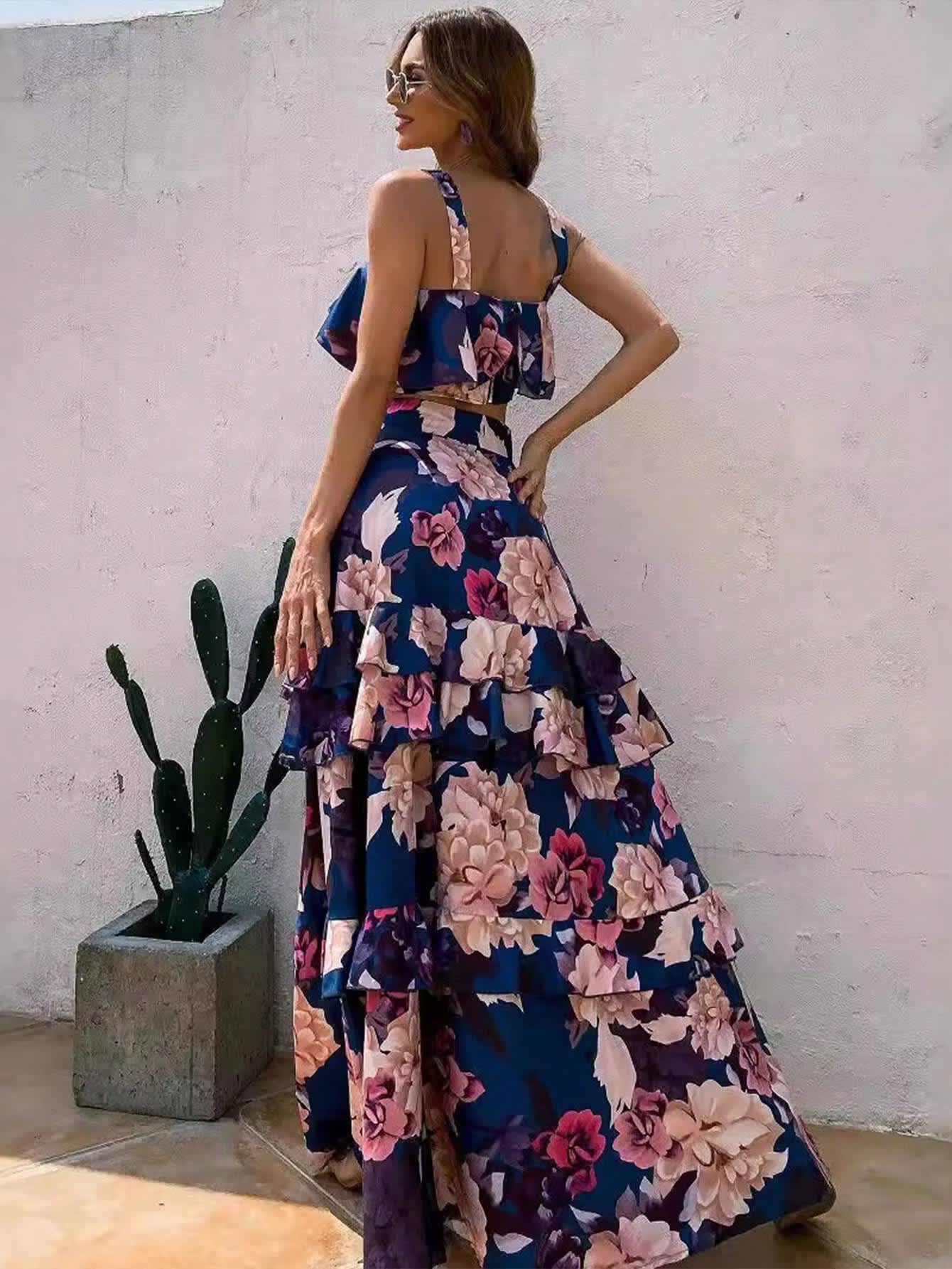 Chic YC Women's Floral Print Two-Piece Maxi Dress Summer Boho Ruffled Crop Top and Tiered Skirt Set Blue / L Chic YC Women's Floral Print Two-Piece Maxi Dress Summer Boho Ruffled Crop Top and Tiered Skirt Set Blue / L