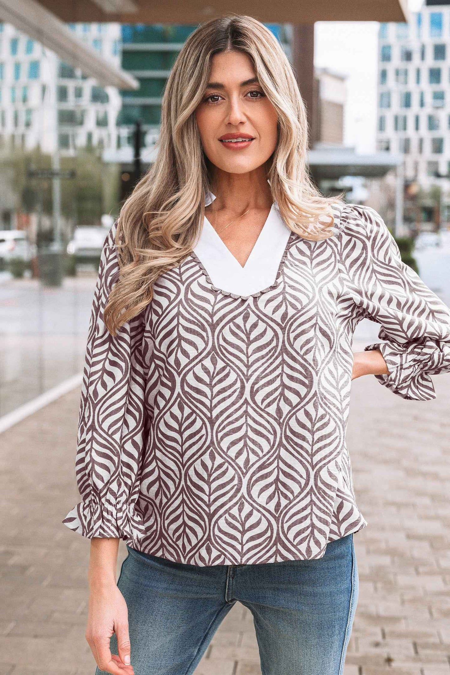 Phoebe Collar Puff Sleeve Top - Brown / L - 12/14