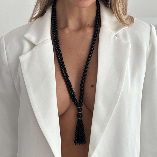Black Resin & Silvertone Graduated Bead Tassel Layered Necklace