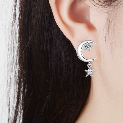 Cubic Zirconia & Silvertone Inverted Moon & Star Drop Earrings