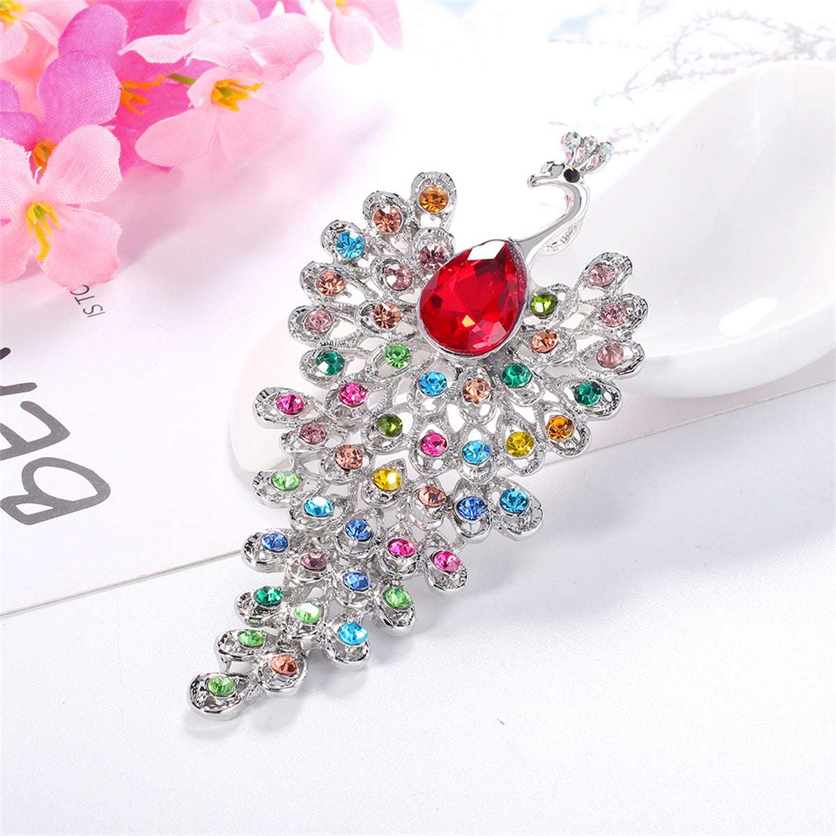 Pink & Multicolor Cubic Zirconia & Silvertone Peacock Brooch