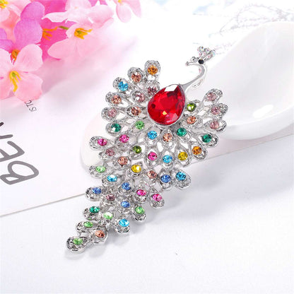 Pink & Multicolor Cubic Zirconia & Silvertone Peacock Brooch