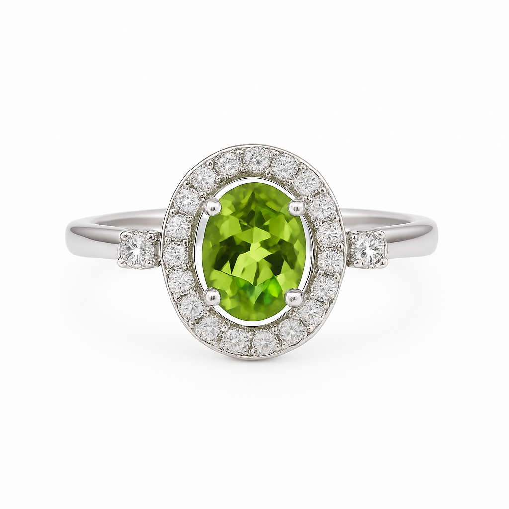 2.48 Ct Oval Green Peridot and White Topaz Prong Silver halo Engagement Ring