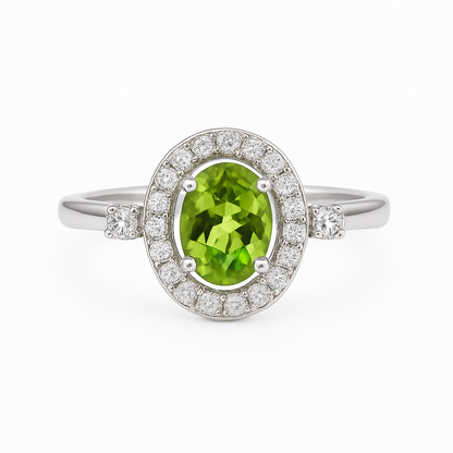2.48 Ct Oval Green Peridot and White Topaz Prong Silver halo Engagement Ring