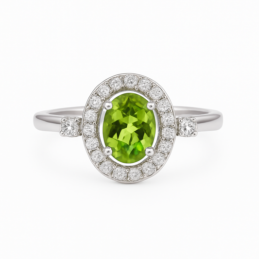 2.48 Ct Oval Green Peridot and White Topaz Prong Silver halo Engagement Ring