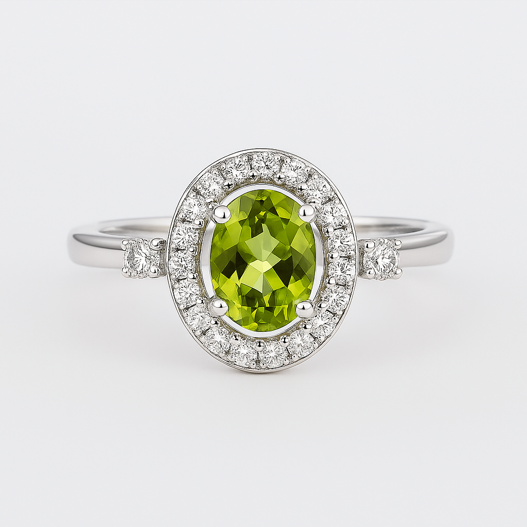 2.48 Ct Oval Green Peridot and White Topaz Prong Silver halo Engagement Ring
