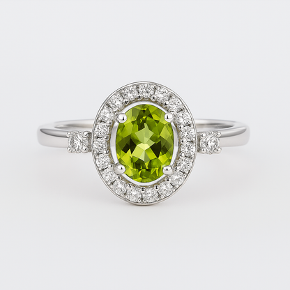 2.48 Ct Oval Green Peridot and White Topaz Prong Silver halo Engagement Ring