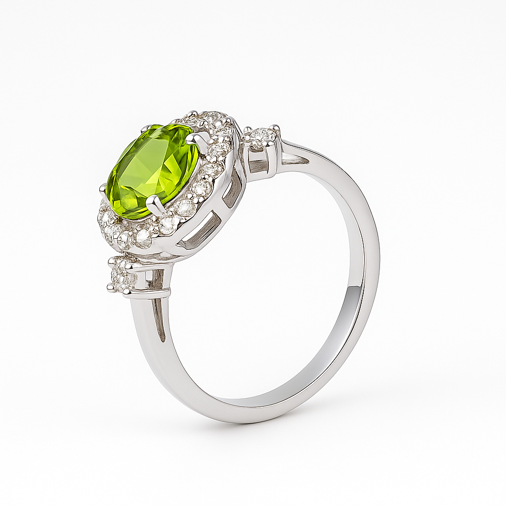 2.48 Ct Oval Green Peridot and White Topaz Prong Silver halo Engagement Ring