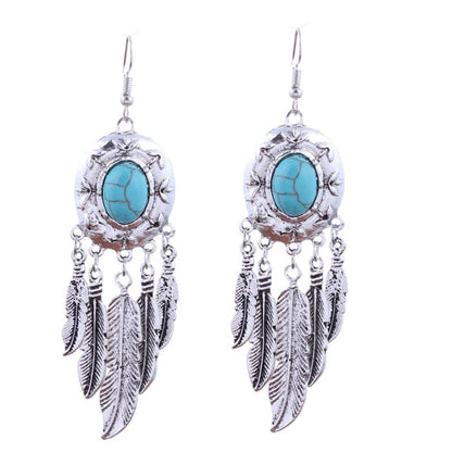 Turquoise & Silvertone Feather Drop Earrings