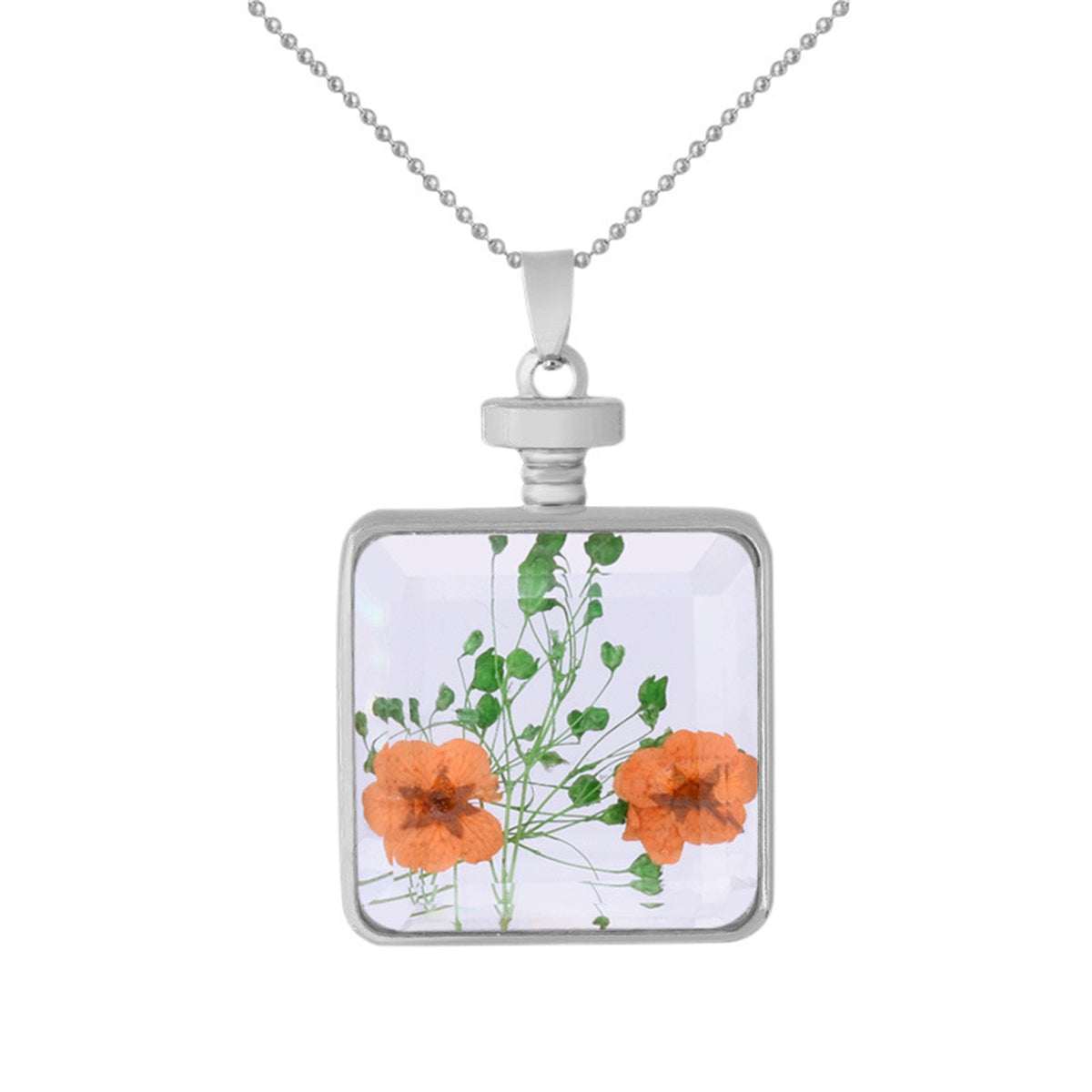 Peach & Silvertone Pressed Flower Square Pendant Necklace