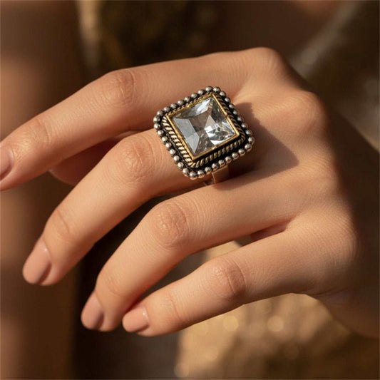 Crystal & Silvertone Radiant-Cut Twine Square Open Ring