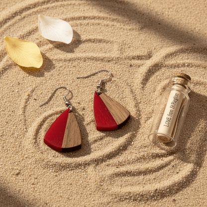 Red Resin & Wood Silvertone Shield Hook Earrings
