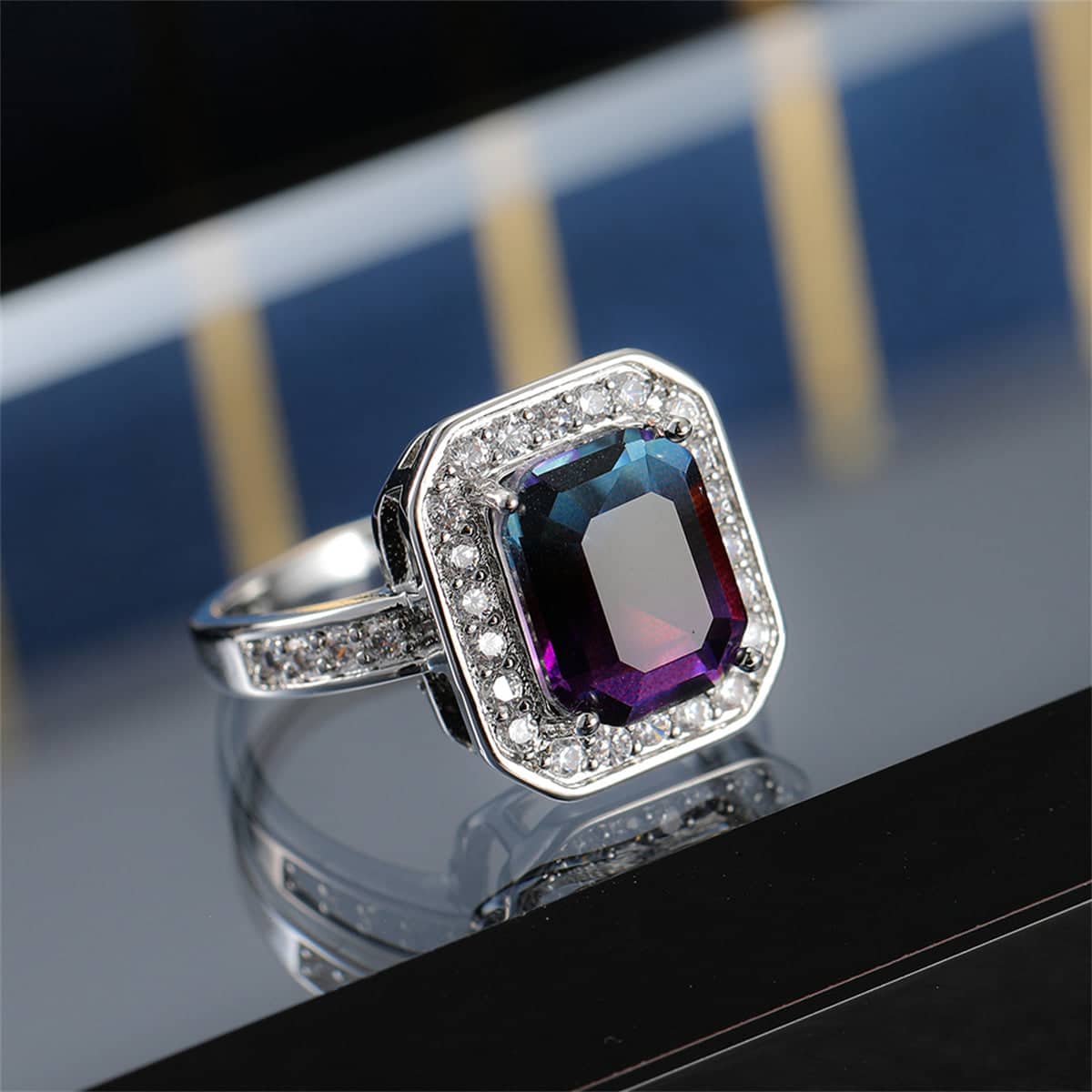 Purple-blue Crystal & Cubic Zirconia Radiant-Cut Channel Halo Ring-2