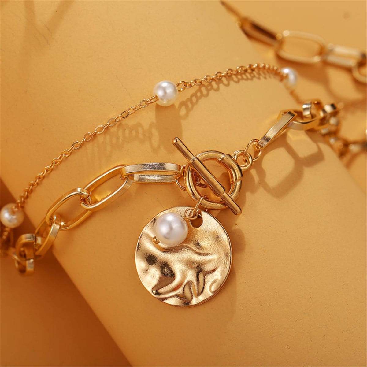Pearl & Goldtone Figaro Layered Pendant Necklace
