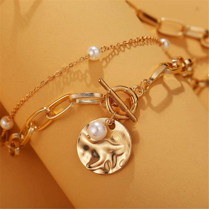 Pearl & Goldtone Figaro Layered Pendant Necklace