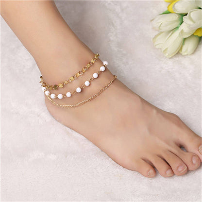 Goldtone & White Beaded Anklet