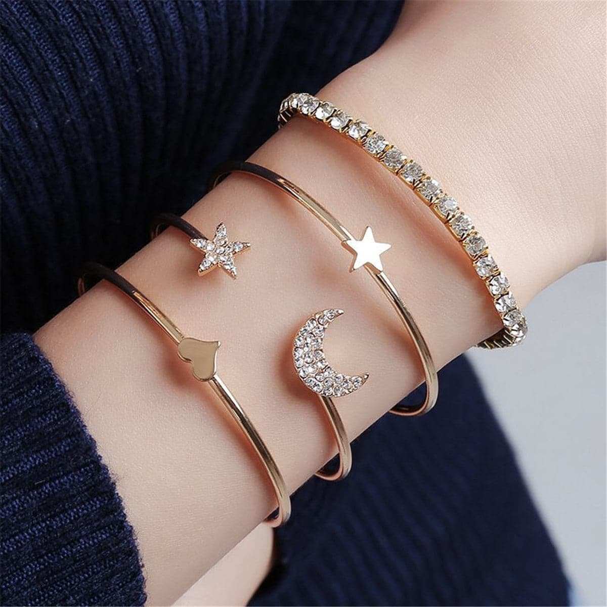 Cubic Zirconia & Goldtone Stars Moon Bangle Cuff Set