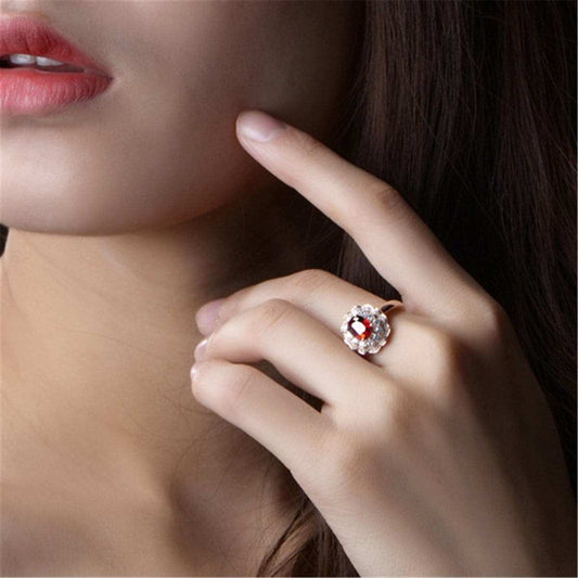 Red Crystal & Cubic Zirconia Rose Goldtone Floral Oval Halo Ring