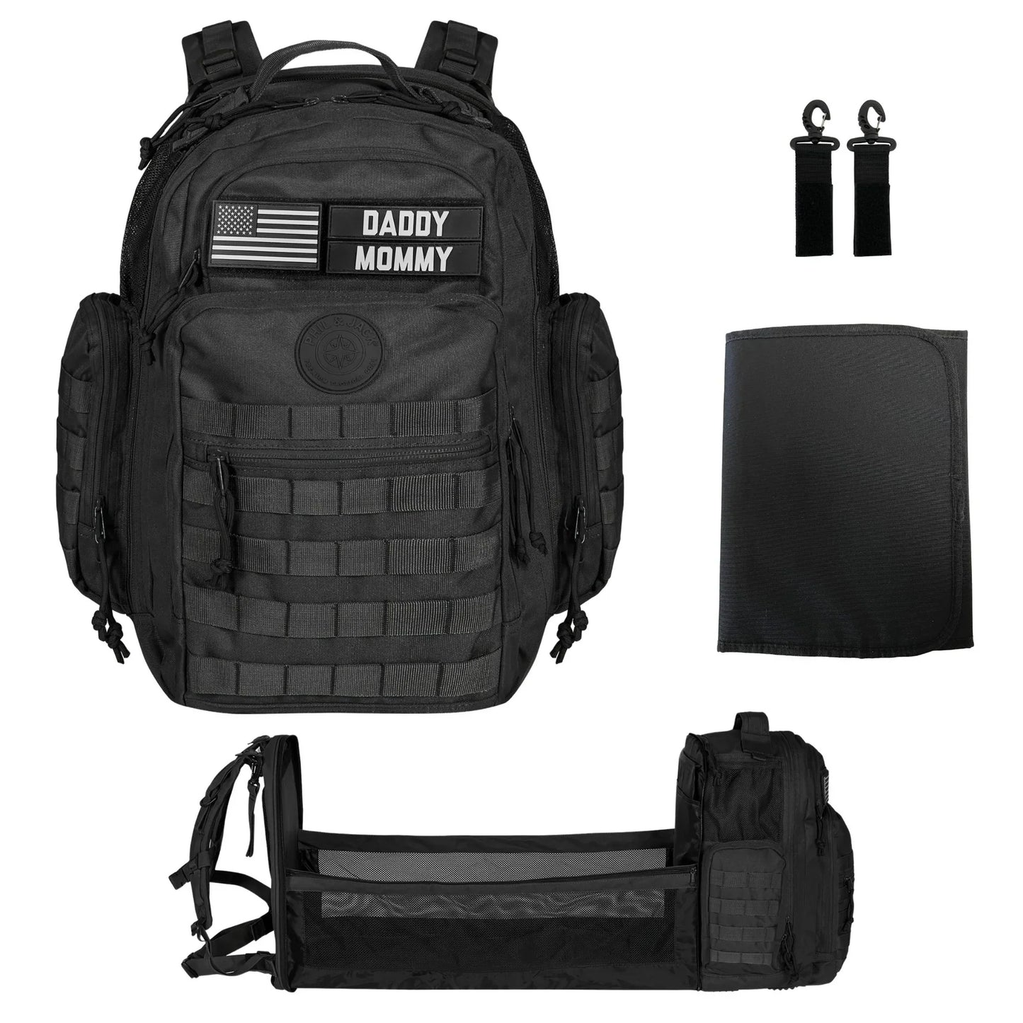 Phil & Jack Dad Diaper Bag Backpack, Baby Diaper Bag with Changing Station, Tactical Military Style, Womens Mens Diaper Bag (Black)