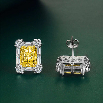 Yellow Crystal & Cubic Zirconia Silvertone Rectangular Stud Earrings