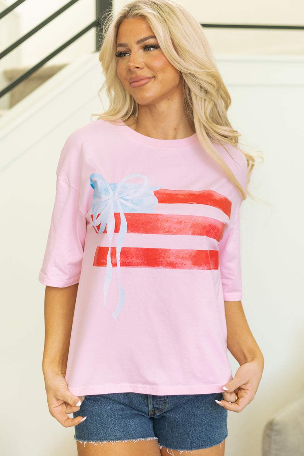 Threaded Pear Pink Bow Flag Tee