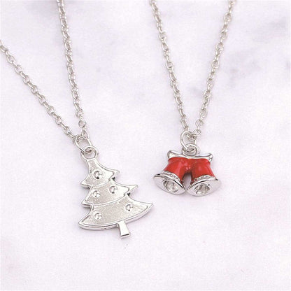 Green Silvertone Christmas Tree & Bells Pendant Necklace Set