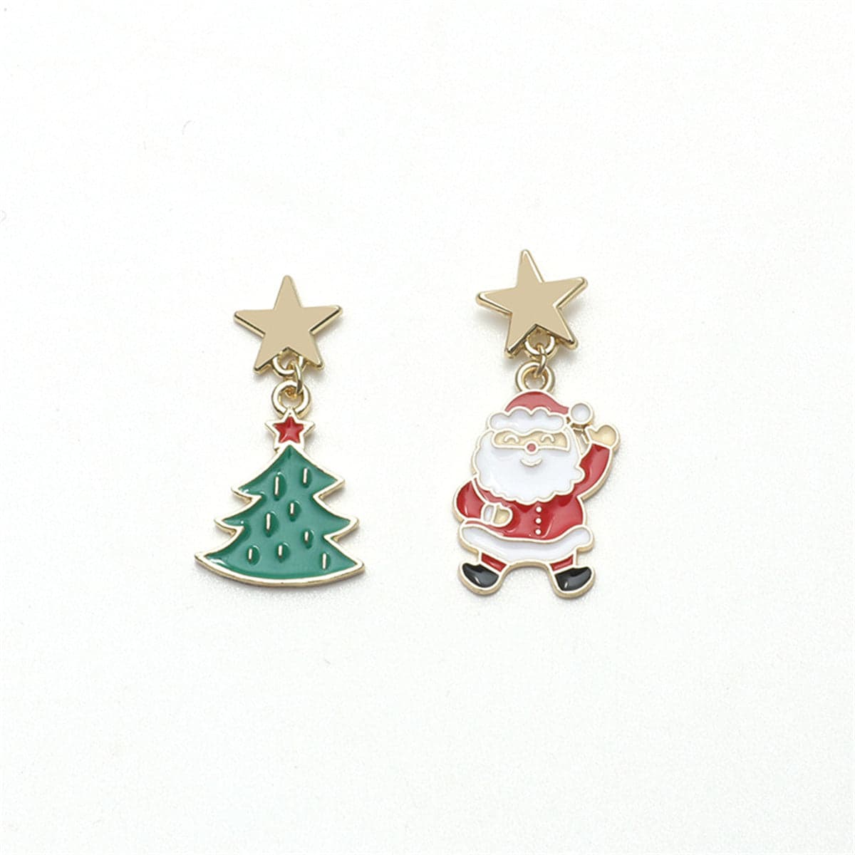 Green Enamel & Goldtone Star Santa Christmas Tree Mismatch Drop Earrings