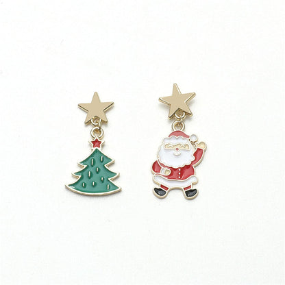 Green Enamel & Goldtone Star Santa Christmas Tree Mismatch Drop Earrings
