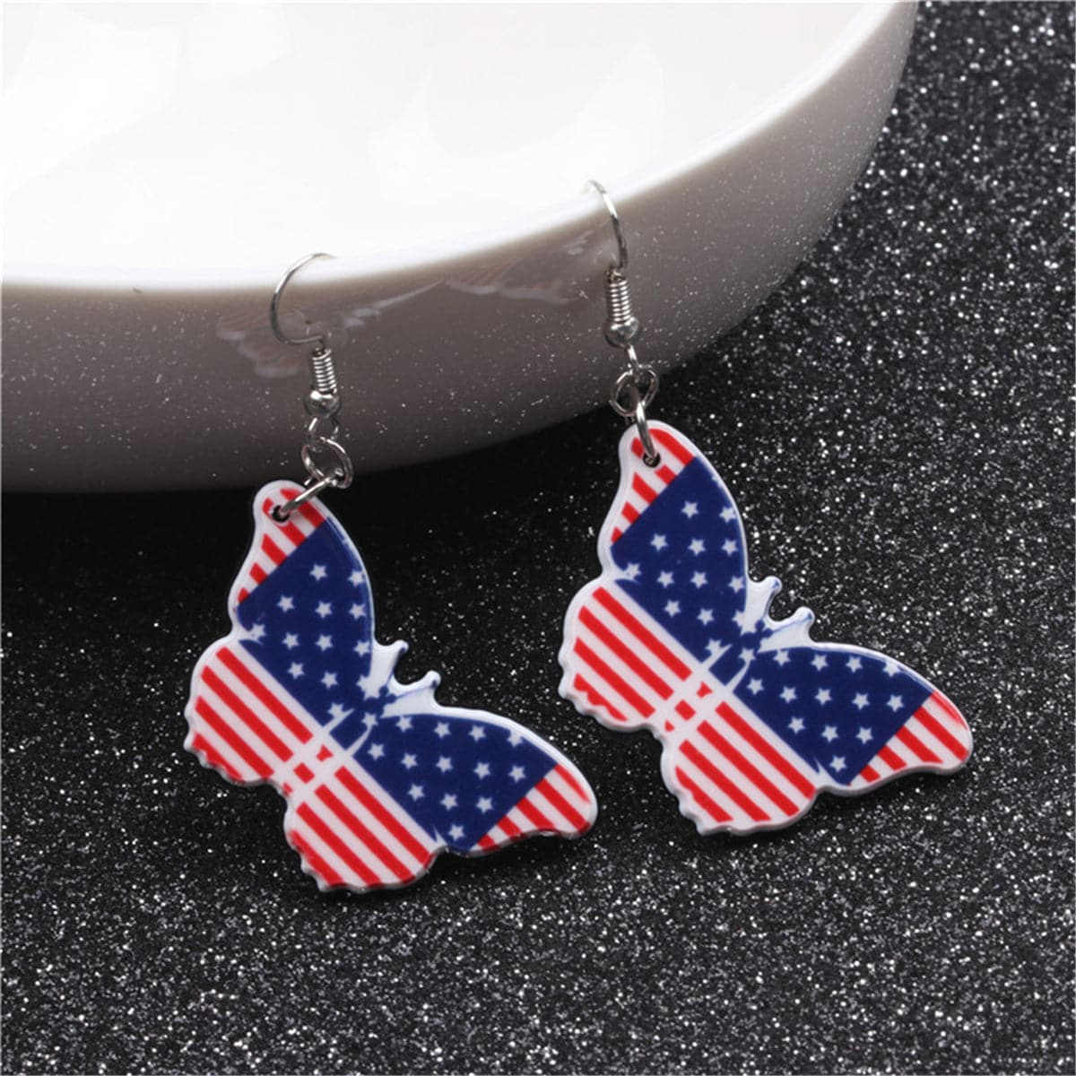 Red & Blue Acrylic Silvertone American Flag Butterfly Drop Earrings